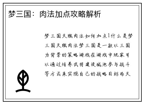 梦三国：肉法加点攻略解析